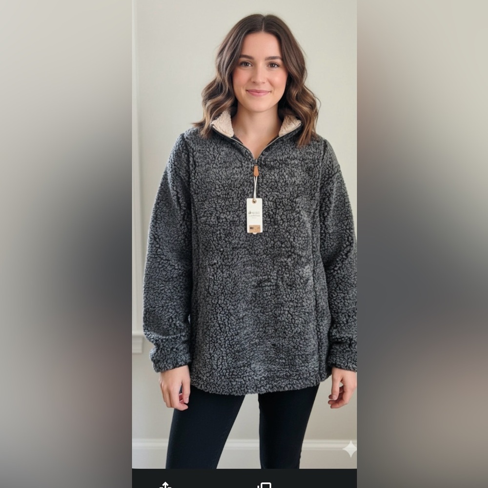 Simply Southern Women Fuzzy Grey Sherpa quarter zip sweatshirt Pullover
 NWT